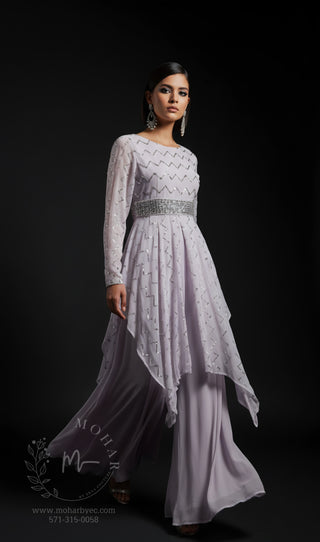 Light Lavender Embroidered Asymmetric Kurta Set with Palazzo Pants