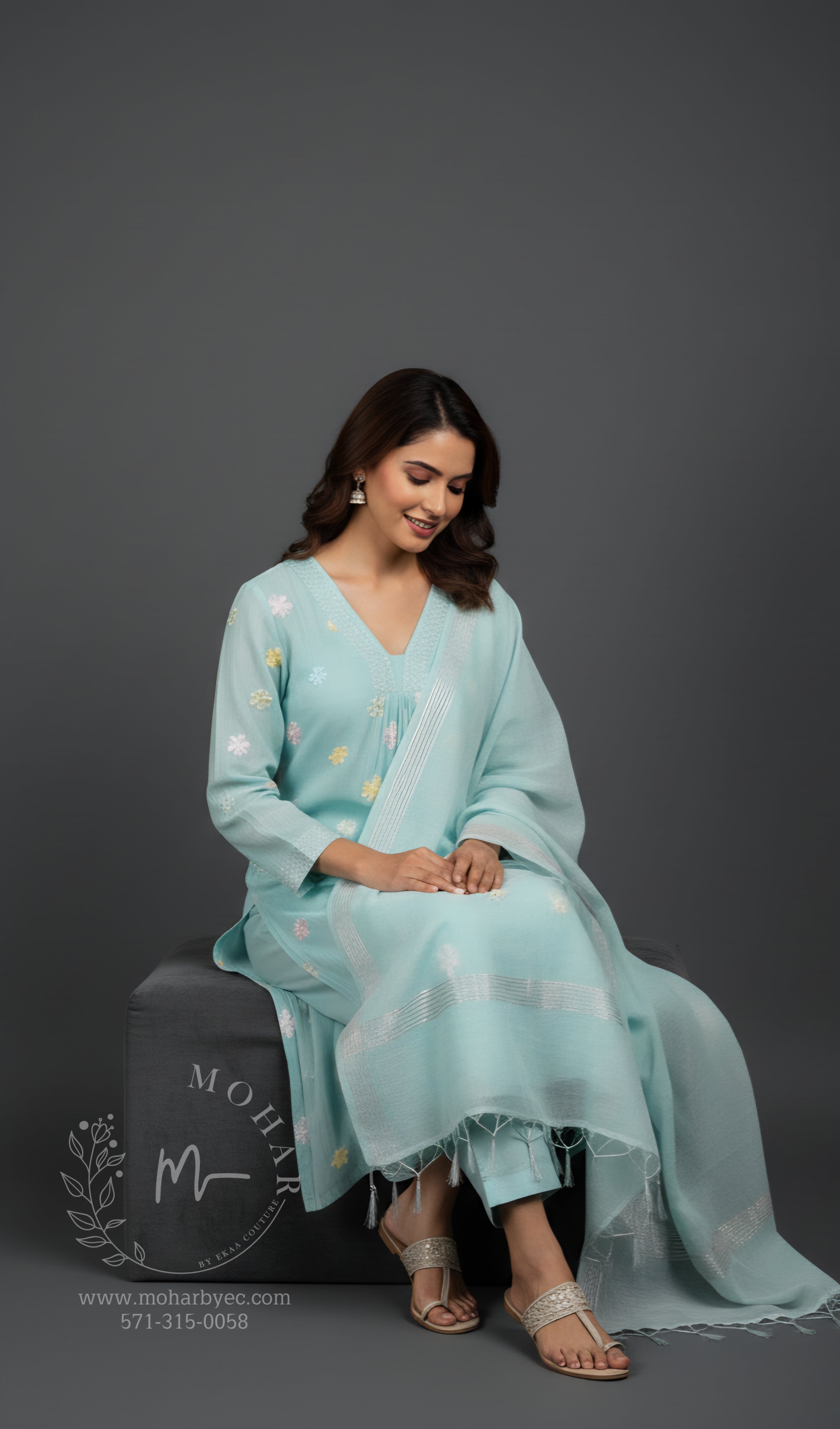Aqua Blue Embroidered Kurta Set with Dupatta