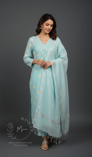 Aqua Blue Embroidered Kurta Set with Dupatta
