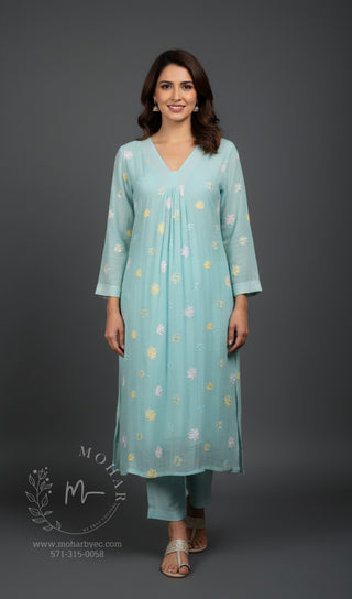 Aqua Blue Embroidered Kurta Set with Dupatta
