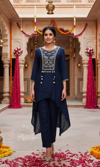 Navy Embellished Indo-Western Tunic & Pant Set