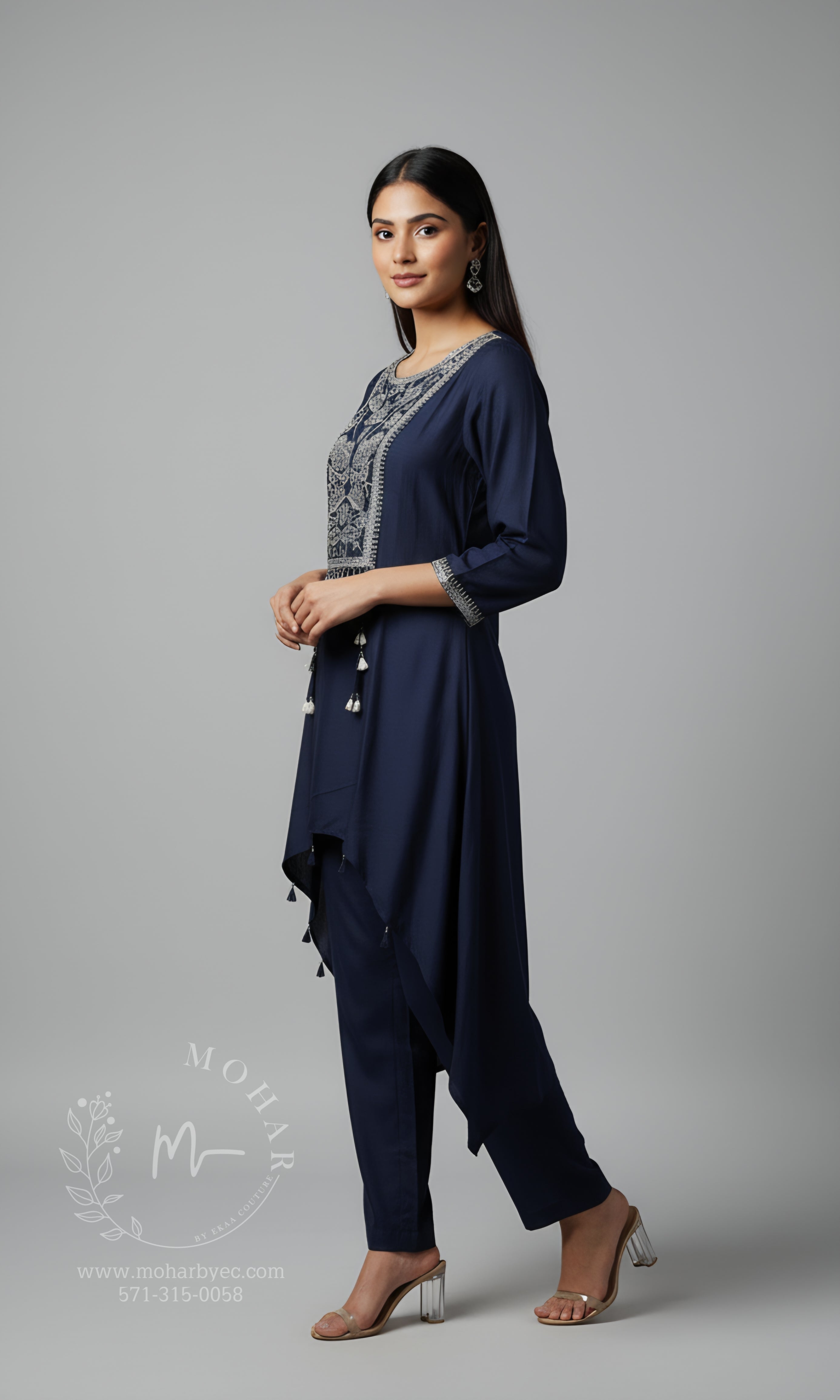 Navy Embellished Indo-Western Tunic & Pant Set