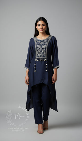 Navy Embellished Indo-Western Tunic & Pant Set