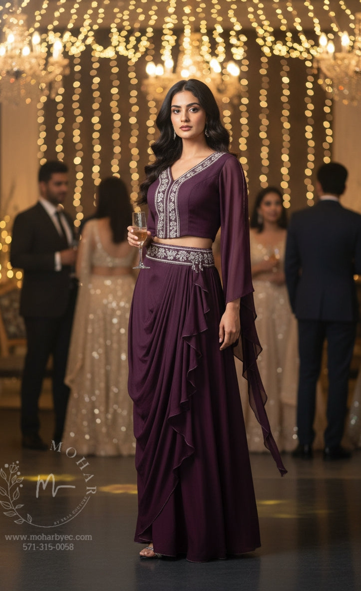 Deep Plum Embellished Indo-Western Crop Top & Draped Skirt Set