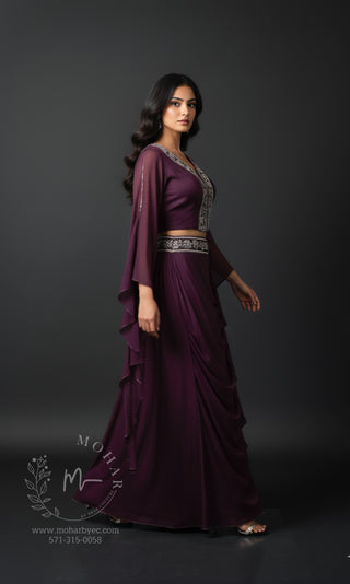 Deep Plum Embellished Indo-Western Crop Top & Draped Skirt Set