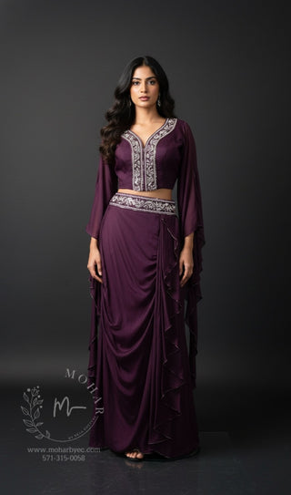 Deep Plum Embellished Indo-Western Crop Top & Draped Skirt Set