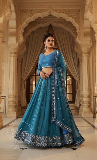 Teal Mirror Work Lehenga Choli