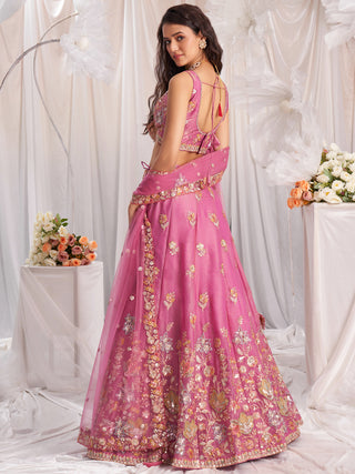Organza Patch type work Embroidered Using Golden Color Sequin,Multi-Thread Semi-Stitched Lehenga Choli