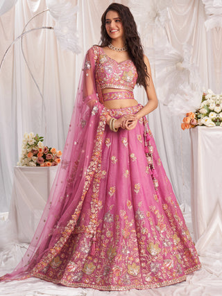 Organza Patch type work Embroidered Using Golden Color Sequin,Multi-Thread Semi-Stitched Lehenga Choli