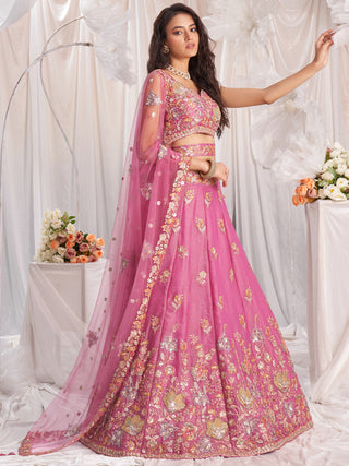 Organza Patch type work Embroidered Using Golden Color Sequin,Multi-Thread Semi-Stitched Lehenga Choli