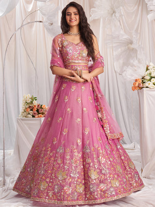 Organza Patch type work Embroidered Using Golden Color Sequin,Multi-Thread Semi-Stitched Lehenga Choli