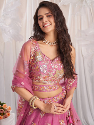 Organza Patch type work Embroidered Using Golden Color Sequin,Multi-Thread Semi-Stitched Lehenga Choli