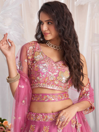 Organza Patch type work Embroidered Using Golden Color Sequin,Multi-Thread Semi-Stitched Lehenga Choli
