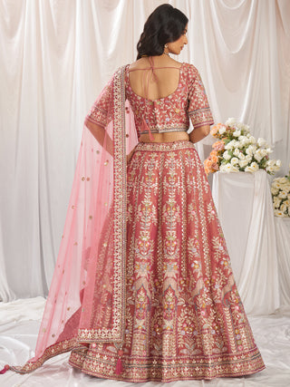 Bridal Net Heavy Embroidered Gotta Patti Work Using Golden Sequins,Mirror,Moti and Multi-Thread Semi-Stitched Lehenga