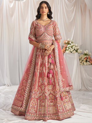 Bridal Net Heavy Embroidered Gotta Patti Work Using Golden Sequins,Mirror,Moti and Multi-Thread Semi-Stitched Lehenga
