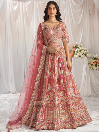 Bridal Net Heavy Embroidered Gotta Patti Work Using Golden Sequins,Mirror,Moti and Multi-Thread Semi-Stitched Lehenga