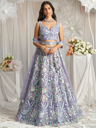 Multi-Color Pastel Sequins Work Net Semi-Stitched Lehenga Choli