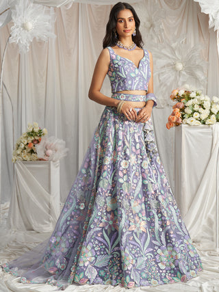 Multi-Color Pastel Sequins Work Net Semi-Stitched Lehenga Choli