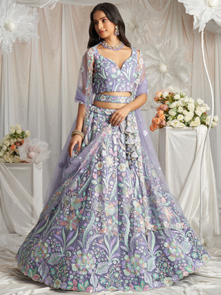 Multi-Color Pastel Sequins Work Net Semi-Stitched Lehenga Choli