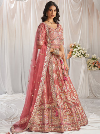 Bridal Net Heavy Embroidered Gotta Patti Work Using Golden Sequins,Mirror,Moti and Multi-Thread Semi-Stitched Lehenga