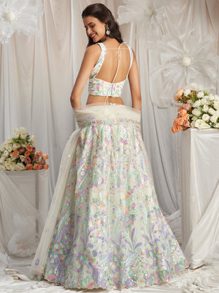 Multi-Color Pastel Sequins Work Net Semi-Stitched Lehenga Choli