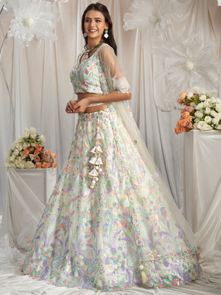 Multi-Color Pastel Sequins Work Net Semi-Stitched Lehenga Choli