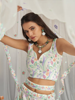 Multi-Color Pastel Sequins Work Net Semi-Stitched Lehenga Choli