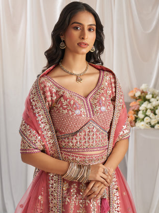 Bridal Net Heavy Embroidered Gotta Patti Work Using Golden Sequins,Mirror,Moti and Multi-Thread Semi-Stitched Lehenga