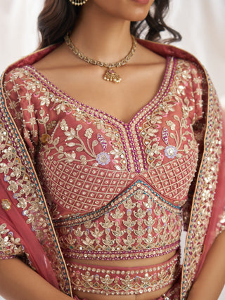 Bridal Net Heavy Embroidered Gotta Patti Work Using Golden Sequins,Mirror,Moti and Multi-Thread Semi-Stitched Lehenga