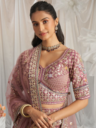 Bridal Net Heavy Embroidered Gotta Patti Work Using Golden Sequins,Mirror,Moti and Multi-Thread Semi-Stitched Lehenga