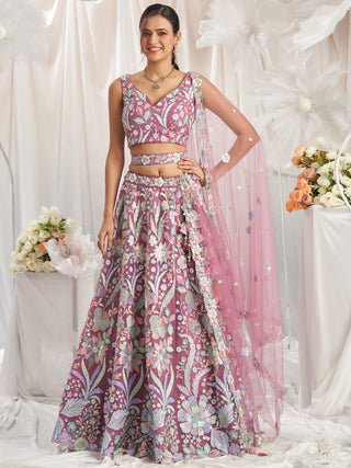 Multi-Color Pastel Sequins Work Net Semi-Stitched Lehenga Choli