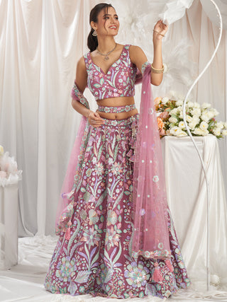 Multi-Color Pastel Sequins Work Net Semi-Stitched Lehenga Choli