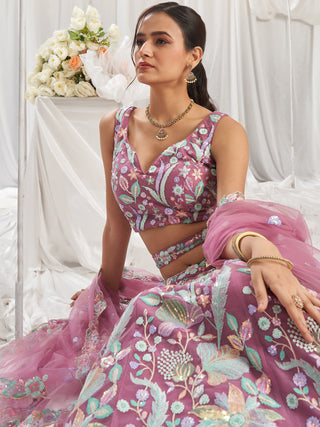 Multi-Color Pastel Sequins Work Net Semi-Stitched Lehenga Choli