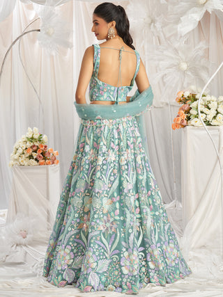 Multi-Color Pastel Sequins Work Net Semi-Stitched Lehenga Choli