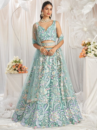 Multi-Color Pastel Sequins Work Net Semi-Stitched Lehenga Choli