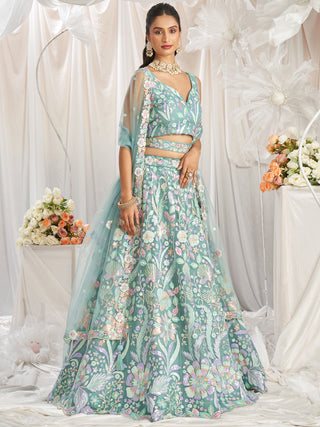 Multi-Color Pastel Sequins Work Net Semi-Stitched Lehenga Choli