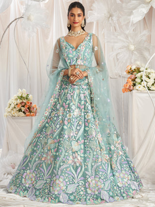 Multi-Color Pastel Sequins Work Net Semi-Stitched Lehenga Choli