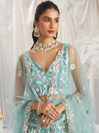 Multi-Color Pastel Sequins Work Net Semi-Stitched Lehenga Choli