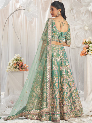 Bridal Net Heavy Embroidered Gotta Patti Work Using Golden Sequins,Mirror,Moti and Multi-Thread Semi-Stitched Lehenga