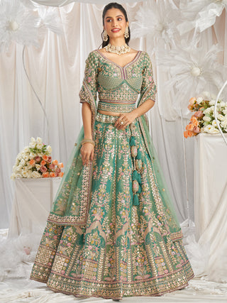 Bridal Net Heavy Embroidered Gotta Patti Work Using Golden Sequins,Mirror,Moti and Multi-Thread Semi-Stitched Lehenga