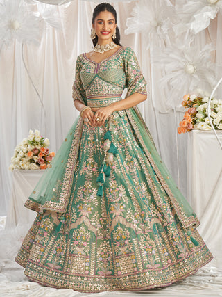 Bridal Net Heavy Embroidered Gotta Patti Work Using Golden Sequins,Mirror,Moti and Multi-Thread Semi-Stitched Lehenga