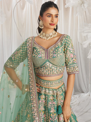 Bridal Net Heavy Embroidered Gotta Patti Work Using Golden Sequins,Mirror,Moti and Multi-Thread Semi-Stitched Lehenga