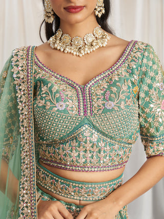 Bridal Net Heavy Embroidered Gotta Patti Work Using Golden Sequins,Mirror,Moti and Multi-Thread Semi-Stitched Lehenga