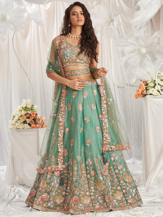 Organza Patch type work Embroidered Using Golden Color Sequin,Multi-Thread Semi-Stitched Lehenga Choli