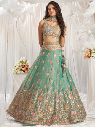 Organza Patch type work Embroidered Using Golden Color Sequin,Multi-Thread Semi-Stitched Lehenga Choli