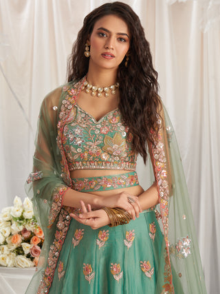 Organza Patch type work Embroidered Using Golden Color Sequin,Multi-Thread Semi-Stitched Lehenga Choli