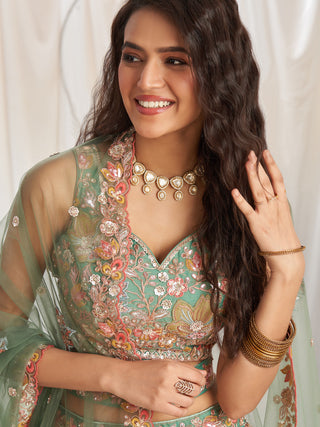 Organza Patch type work Embroidered Using Golden Color Sequin,Multi-Thread Semi-Stitched Lehenga Choli