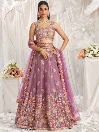 Organza Patch type work Embroidered Using Golden Color Sequin,Multi-Thread Semi-Stitched Lehenga Choli