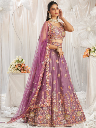 Organza Patch type work Embroidered Using Golden Color Sequin,Multi-Thread Semi-Stitched Lehenga Choli