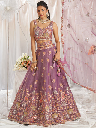 Organza Patch type work Embroidered Using Golden Color Sequin,Multi-Thread Semi-Stitched Lehenga Choli
